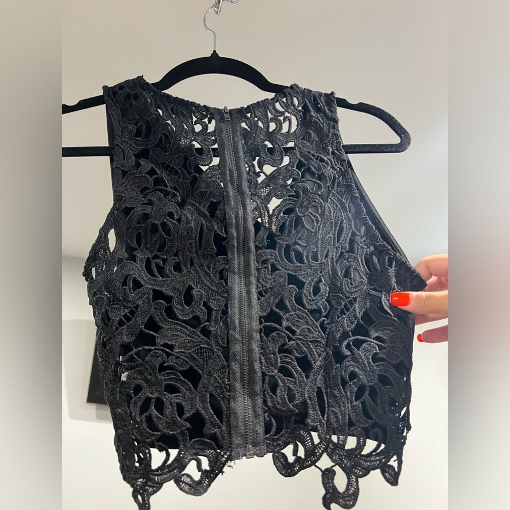 LUSH. Black, zip-up, V neck crop top